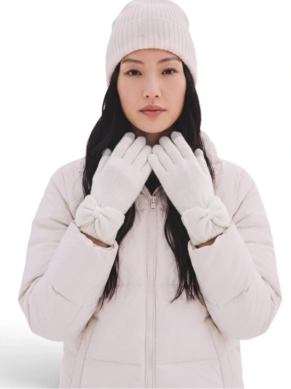 NWT UGG Bow Wool Blend Knit Tech Touch Gloves French Ivory/Cream One Size